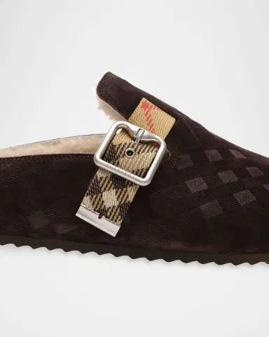 Burberry Men's Suede Check Shearling-Lined Urchin Clogs | Thumbnail 4
