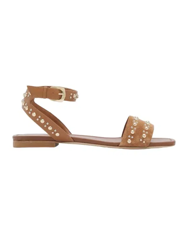 Perry Embellished Mixed Leather Flat Sandals