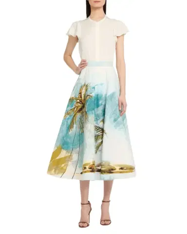 Oscar de la Renta Beach Palm Print Cotton Poplin Midi Skirt | Thumbnail 1 Oscar de la Renta Beach Palm Print Cotton Poplin Midi Skirt | Thumbnail 1