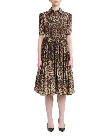 Dolce & Gabbana Short-Sleeve Leopard Cotton Poplin Pleated Midi Shirtdress | Thumbnail 1 Dolce & Gabbana Short-Sleeve Leopard Cotton Poplin Pleated Midi Shirtdress | Thumbnail 1