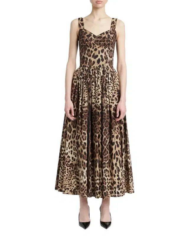 Leopard-Print Cotton Poplin Midi Bustier Dress
