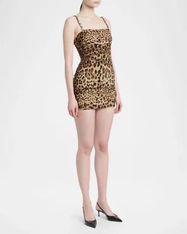 Dolce & Gabbana Sleeveless Ruched Leopard-Print Silk Charmeuse Mini Dress | Thumbnail 3