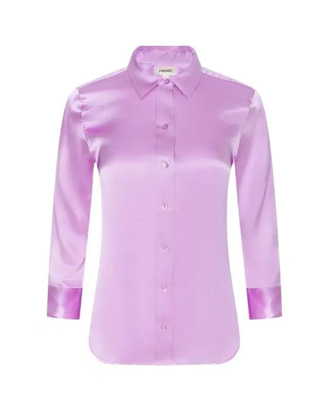 L'Agence Dani Silk Satin 3/4-Sleeve Button-Down Blouse