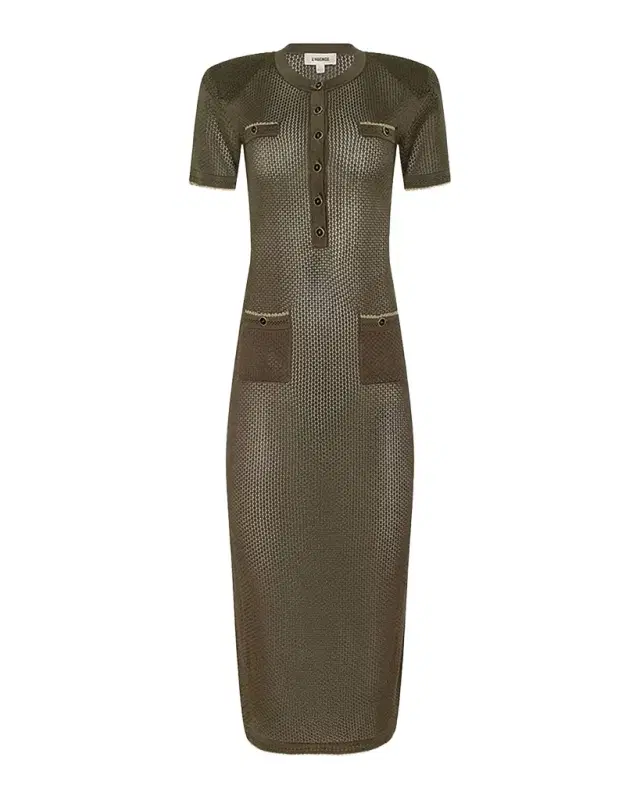 L 'Agence Mel Short-Sleeve Open-Knit Midi Dress