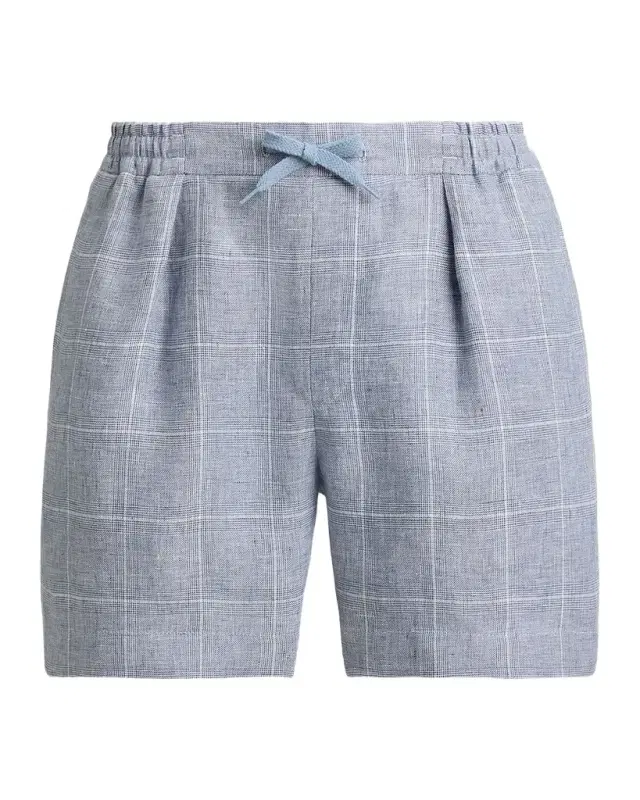Men 's Hand-Tailored Windowpane Plaid Linen Drawstring Shorts