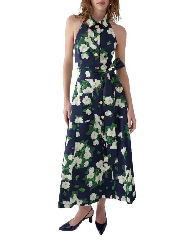 Floral Cotton Button-Front Halter Midi Dress
