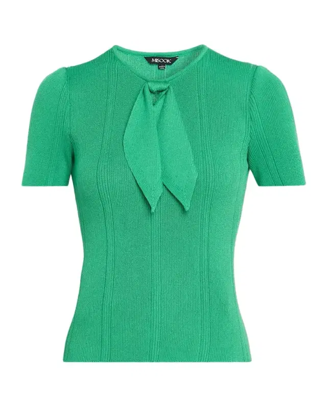 Misook Faux-Tie Ribbed Knit Top