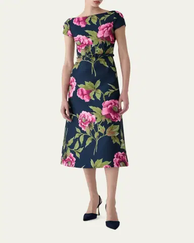 Carolina Herrera Metallic Floral Jacquard Short-Sleeve Belted Midi Dress | Thumbnail 2 Carolina Herrera Metallic Floral Jacquard Short-Sleeve Belted Midi Dress | Thumbnail 2
