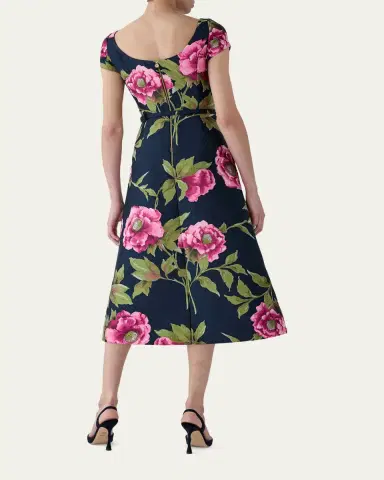 Carolina Herrera Metallic Floral Jacquard Short-Sleeve Belted Midi Dress | Thumbnail 3 Carolina Herrera Metallic Floral Jacquard Short-Sleeve Belted Midi Dress | Thumbnail 3