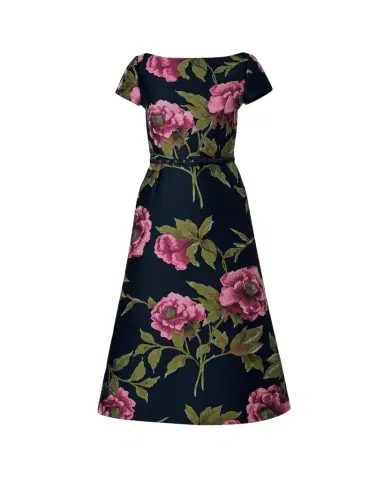 Carolina Herrera Metallic Floral Jacquard Short-Sleeve Belted Midi Dress | Thumbnail 1 Carolina Herrera Metallic Floral Jacquard Short-Sleeve Belted Midi Dress | Thumbnail 1