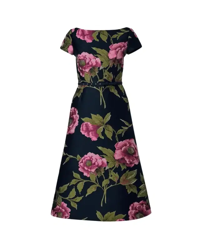 Carolina Herrera Metallic Floral Jacquard Short-Sleeve Belted Midi Dress