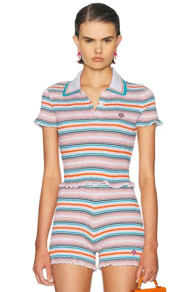 Casablanca Stripe Shirred Polo Top | Thumbnail 1 Casablanca Stripe Shirred Polo Top | Thumbnail 1