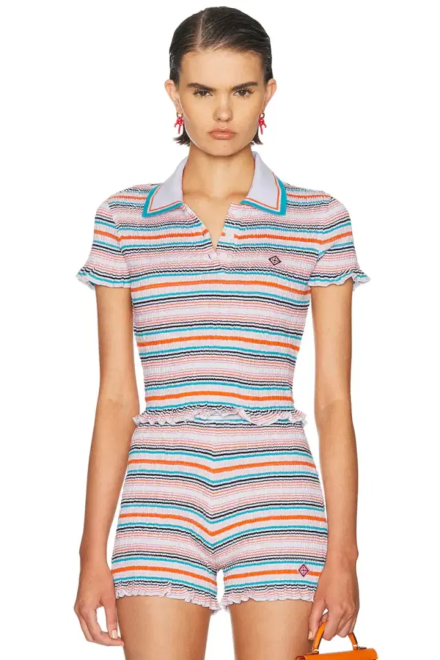 Casablanca Stripe Shirred Polo Top