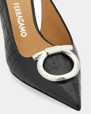 Ferragamo 40mm Sara Croc-Embossed Leather Slingback Pumps | Thumbnail 2