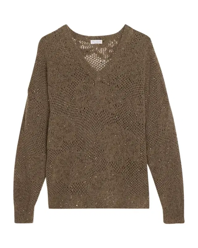 Brunello Cucinelli Diamante Paillette Mohair Open-Knit V-Neck Sweater