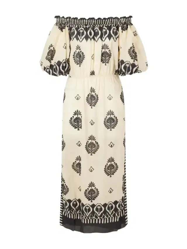 Johanna Ortiz Harbor Hues Off-the-shoulder Ruched Printed Cotton-poplin Midi Dress