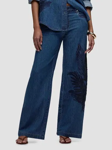 Hudson Jeans Women's Rylee Embroidered Palm Wide-Leg Jeans - La Palm - Size 32 | Thumbnail 3