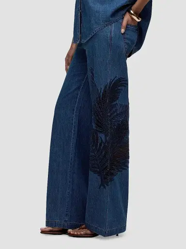 Hudson Jeans Women's Rylee Embroidered Palm Wide-Leg Jeans - La Palm - Size 32 | Thumbnail 4