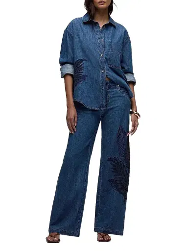 Hudson Jeans Women's Rylee Embroidered Palm Wide-Leg Jeans - La Palm - Size 32 | Thumbnail 1