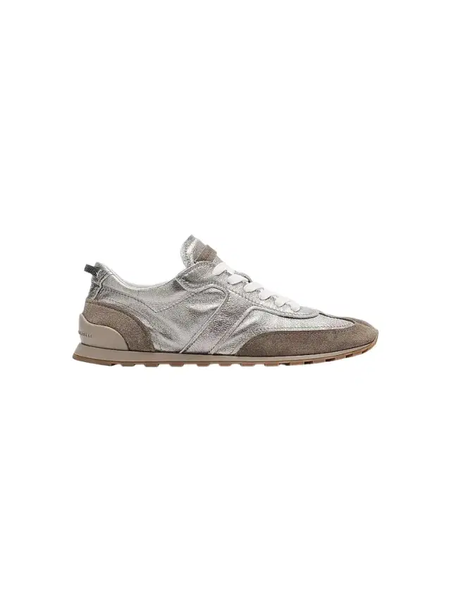 Brunello Cucinelli Women's Monili Pull-Tab Crinkle-Effect Leather Low-Top Sneakers - Titanium