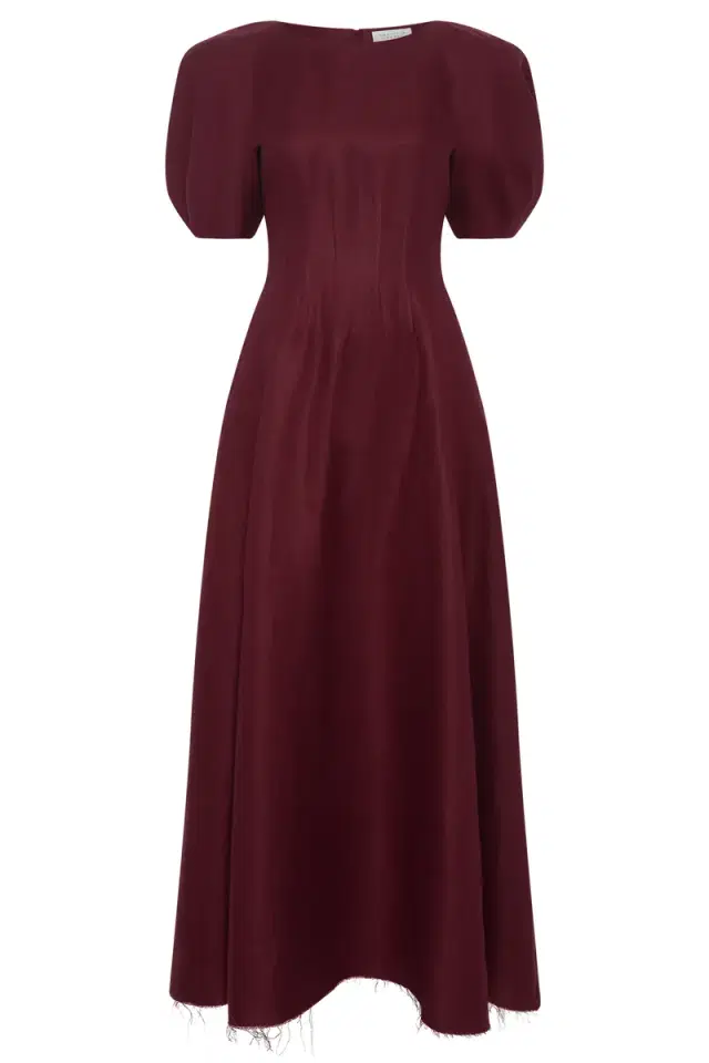 Gabriela Hearst Ranya Puff Sleeve Maxi Dress in Bordeaux Linen Twill