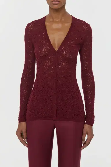 Gabriela Hearst Ultraris Lace Knit Cardigan in Bordeaux Merino Wool | Thumbnail 2 Gabriela Hearst Ultraris Lace Knit Cardigan in Bordeaux Merino Wool | Thumbnail 2