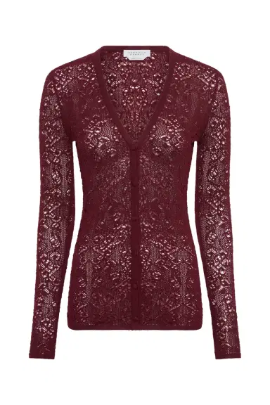 Gabriela Hearst Ultraris Lace Knit Cardigan in Bordeaux Merino Wool | Thumbnail 1 Gabriela Hearst Ultraris Lace Knit Cardigan in Bordeaux Merino Wool | Thumbnail 1
