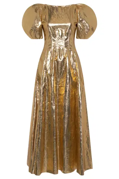 Gabriela Hearst Ranya Puff Sleeve Maxi Dress in Metallic Gold Linen Twill | Thumbnail 1 Gabriela Hearst Ranya Puff Sleeve Maxi Dress in Metallic Gold Linen Twill | Thumbnail 1