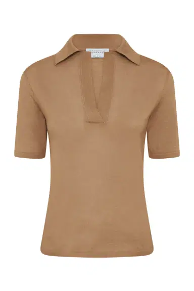 Gabriela Hearst Caius Knit Short Sleeve Polo in Camel Cashmere Silk | Thumbnail 1 Gabriela Hearst Caius Knit Short Sleeve Polo in Camel Cashmere Silk | Thumbnail 1