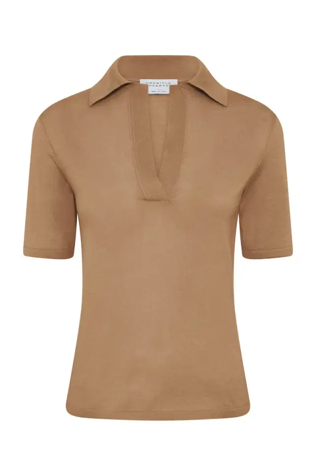 Gabriela Hearst Caius Knit Short Sleeve Polo in Camel Cashmere Silk