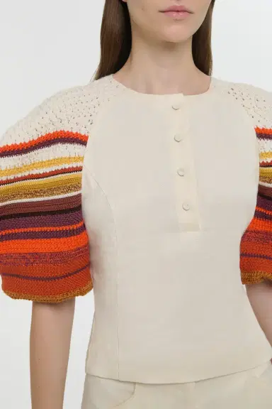 Gabriela Hearst Elira Crochet Puff Sleeve Top in Textured Linen Slub | Thumbnail 2
