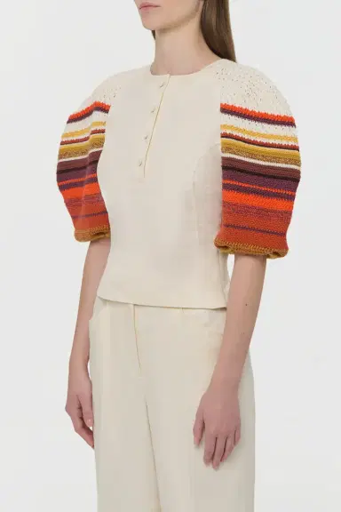 Gabriela Hearst Elira Crochet Puff Sleeve Top in Textured Linen Slub | Thumbnail 3