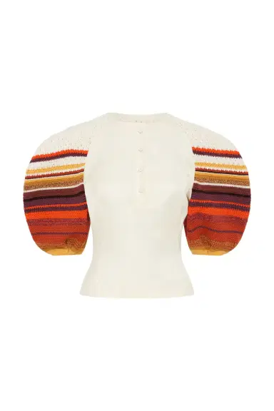 Gabriela Hearst Elira Crochet Puff Sleeve Top in Textured Linen Slub | Thumbnail 1
