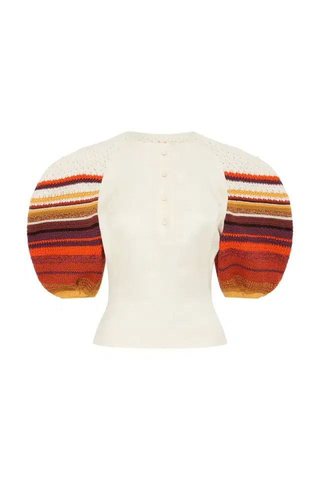 Gabriela Hearst Elira Crochet Puff Sleeve Top in  Textured Linen Slub
