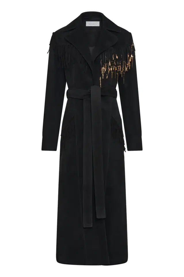 Gabriela Hearst Thaniel Fringe Trench Coat in Black Suede with Charms