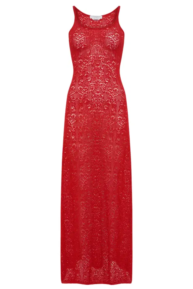 Gabriela Hearst Meridian Lace Knit Maxi Dress in Tonic Orange Merino Wool with Lining