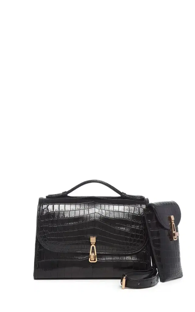 Gabriela Hearst Medium Leonora Flap Bag in Black Crocodile Leather with Sunglasses Pouch