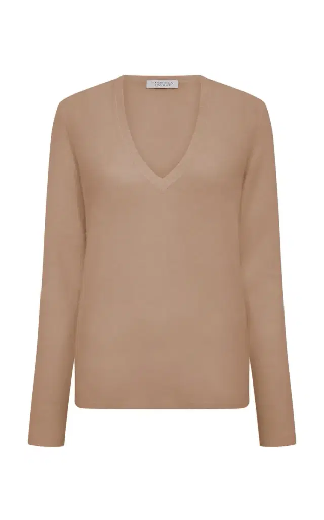 Gabriela Hearst Vesper Knit V-Neck Sweater in Camel Brushed Cashmere