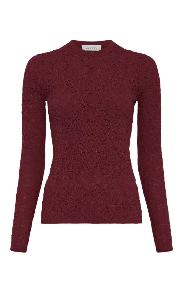 Gabriela Hearst Gaviran Lace Knit Henley in Bordeaux Merino Wool