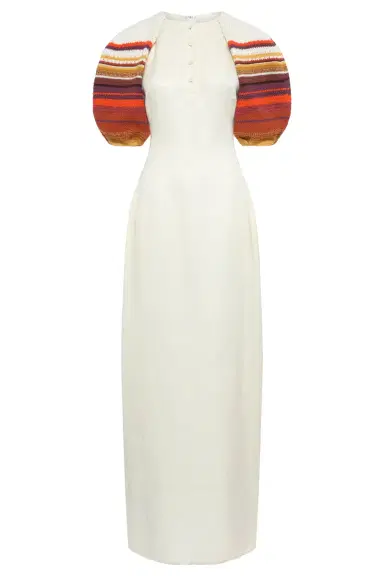 Gabriela Hearst Nomo Crochet Puff Sleeve Maxi Dress in Textured Linen Twill | Thumbnail 1 Gabriela Hearst Nomo Crochet Puff Sleeve Maxi Dress in Textured Linen Twill | Thumbnail 1
