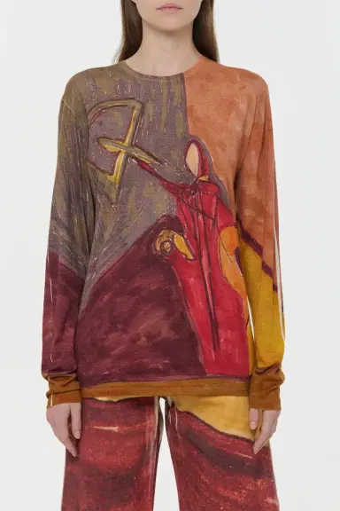 Gabriela Hearst Isaro Long Sleeve T-shirt in Fire Multi Printed Cashmere Jersey | Thumbnail 2 Gabriela Hearst Isaro Long Sleeve T-shirt in Fire Multi Printed Cashmere Jersey | Thumbnail 2