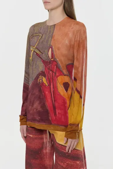 Gabriela Hearst Isaro Long Sleeve T-shirt in Fire Multi Printed Cashmere Jersey | Thumbnail 3 Gabriela Hearst Isaro Long Sleeve T-shirt in Fire Multi Printed Cashmere Jersey | Thumbnail 3