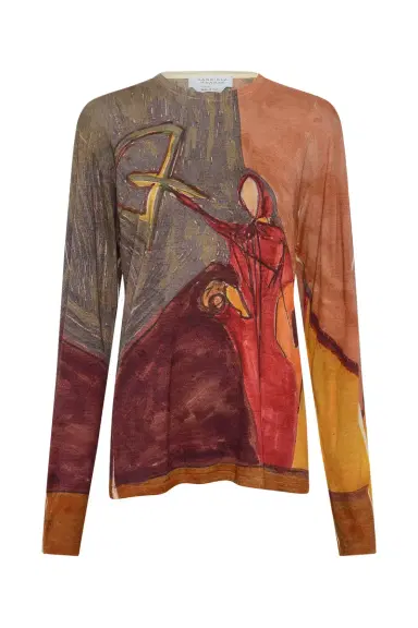 Gabriela Hearst Isaro Long Sleeve T-shirt in Fire Multi Printed Cashmere Jersey | Thumbnail 1 Gabriela Hearst Isaro Long Sleeve T-shirt in Fire Multi Printed Cashmere Jersey | Thumbnail 1