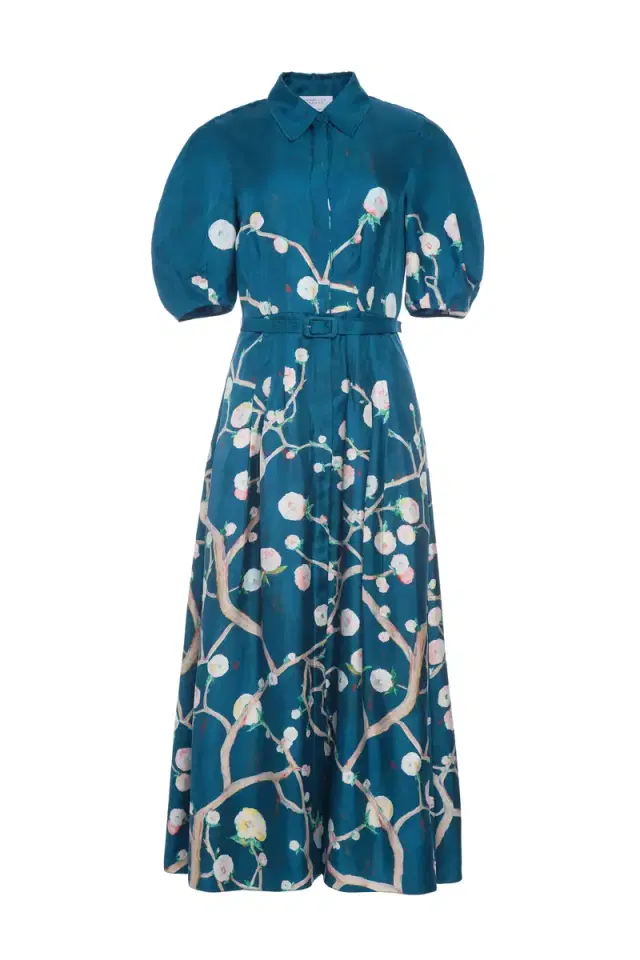 GABRIELA HEARST Maude Pleated Midi Shirtdress in Blue Multi Printed Silk Twill
