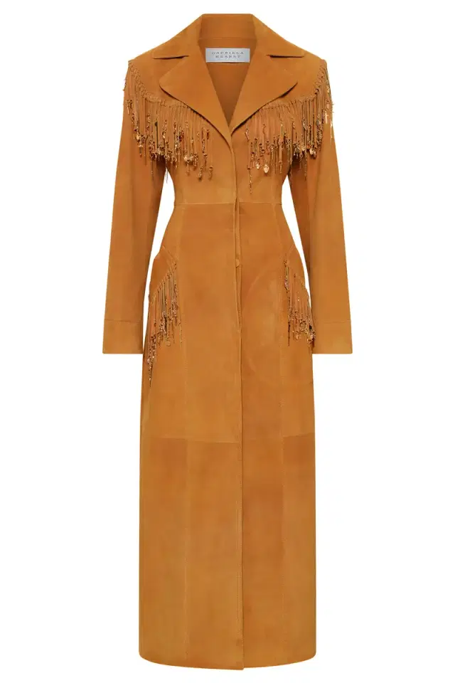 Gabriela Hearst Thaniel Fringe Trench Coat in Cashew Suede with Charms