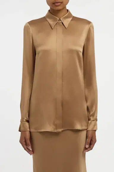Gabriela Hearst Cruz Shirt in Camel Silk Satin | Thumbnail 2 Gabriela Hearst Cruz Shirt in Camel Silk Satin | Thumbnail 2