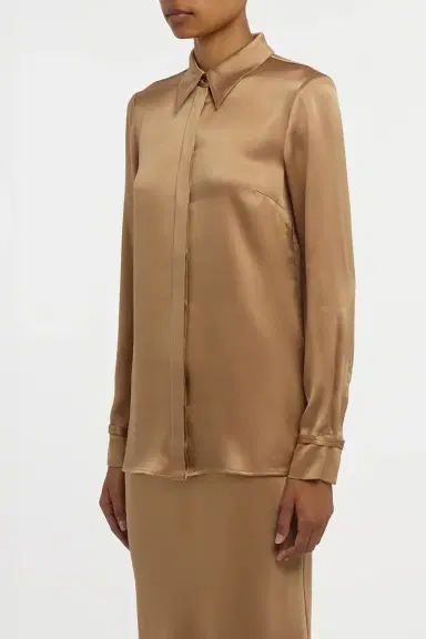 Gabriela Hearst Cruz Shirt in Camel Silk Satin | Thumbnail 3 Gabriela Hearst Cruz Shirt in Camel Silk Satin | Thumbnail 3