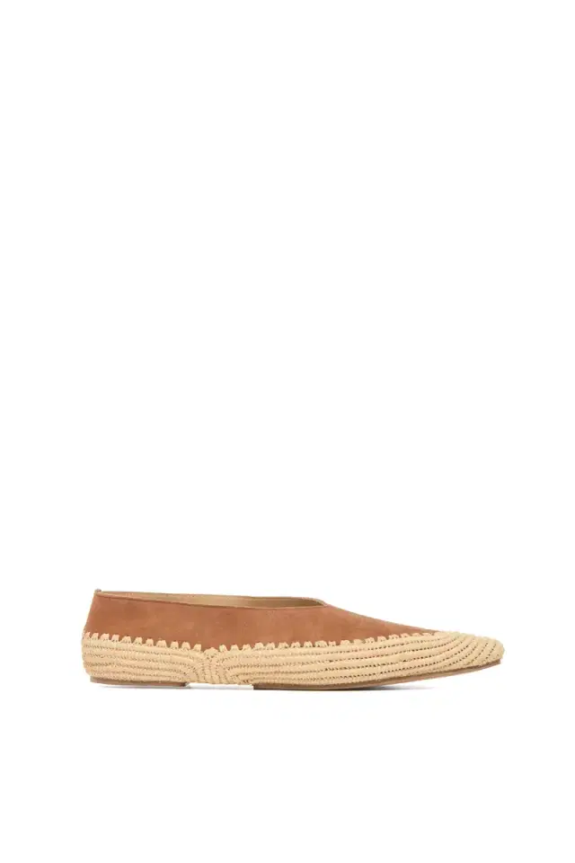 Gabriela Hearst Strength Flat Shoe in Camel Suede & Natural Raffia