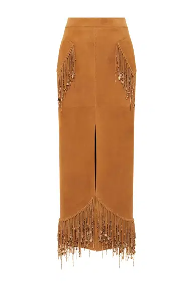 Gabriela Hearst Kalyan Fringe Maxi Skirt in Cashew Suede with Charms | Thumbnail 1 Gabriela Hearst Kalyan Fringe Maxi Skirt in Cashew Suede with Charms | Thumbnail 1