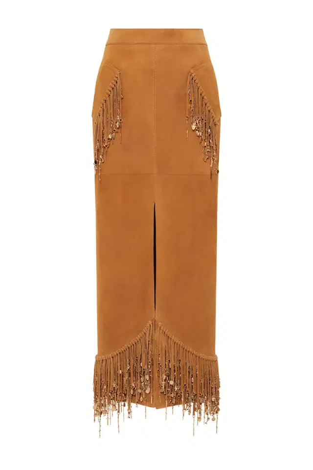 Gabriela Hearst Kalyan Fringe Maxi Skirt in Cashew Suede with Charms